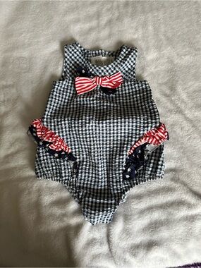 iris & ivy Navy Gingham One-Piece with Red & White Bow